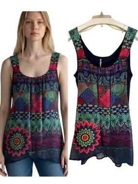 DESIGUAL Bohemian Mandala Print Tunic Tank Navy Multicolor Size M